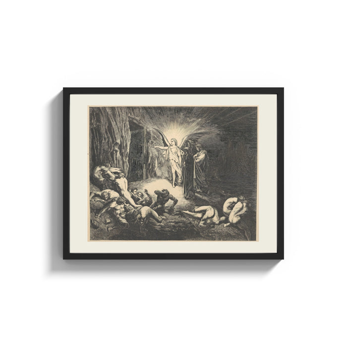 Framed Radiant angel guiding two figures print shown as a wide statement piece on a clean white wall