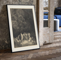 Gathering of robed classical poets print in a black frame leaning beside a vintage door on parquet