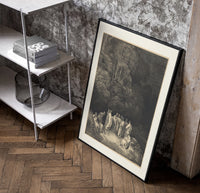 Gathering of robed classical poets poster in a black frame leaning beside a shelf in a raw-plaster loft