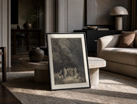 Gathering of robed classical poets print in a black frame leaning on a travertine table in a sunlit lounge