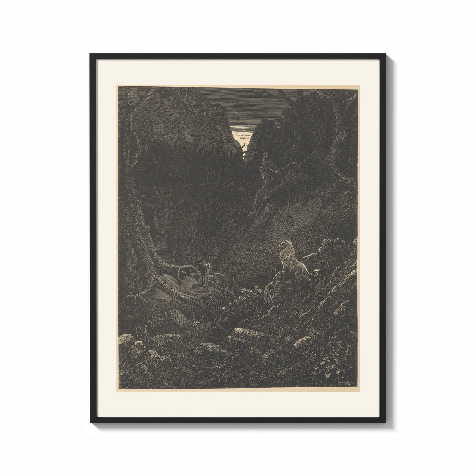 Framed Man facing lion in dark forest print shown as a bold statement piece on a clean gallery wall