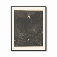 Framed Man facing lion in dark forest print shown as a bold statement piece on a clean gallery wall
