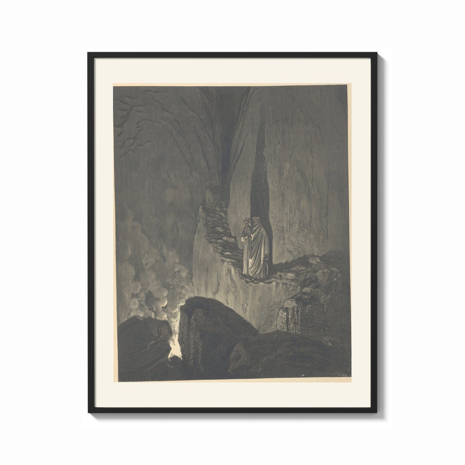 Framed Two robed figures on cliff ledge print shown as a bold statement piece on a clean gallery wall