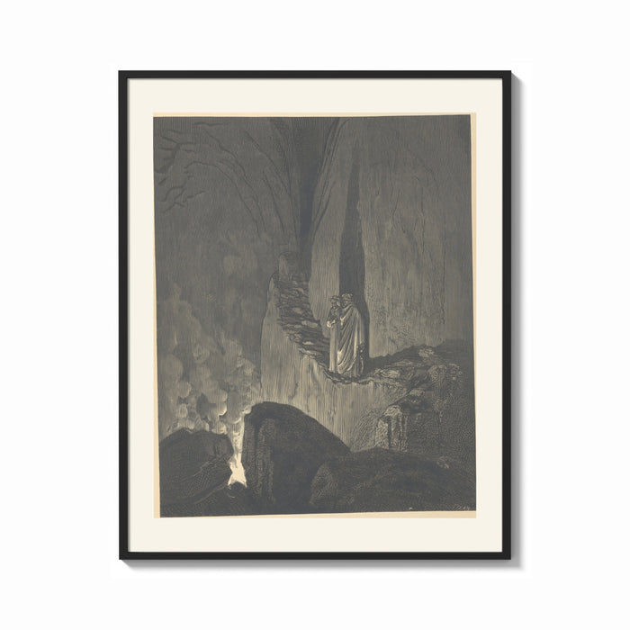 Framed Two robed figures on cliff ledge print shown as a bold statement piece on a clean gallery wall