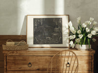 Winged demon Lucifer in underworld cavern print in an oak frame on a farmhouse dresser beside white tulips