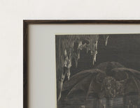 Close-up of the Winged demon Lucifer in underworld cavern print's dark wood frame corner and archival matte paper