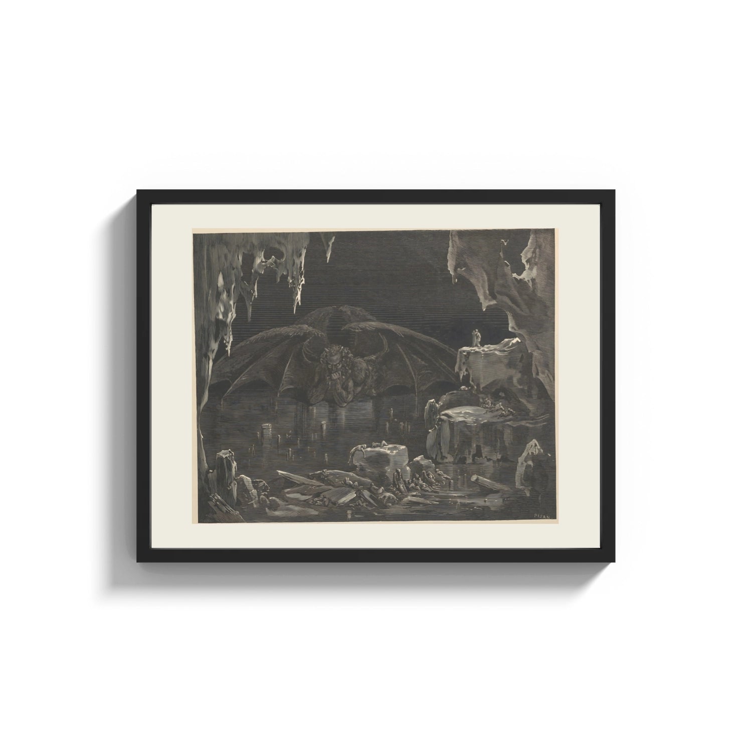 Framed Winged demon Lucifer in underworld cavern print shown as a wide statement piece on a clean white wall