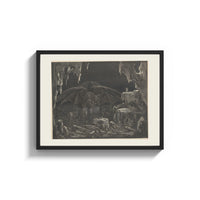 Framed Winged demon Lucifer in underworld cavern print shown as a wide statement piece on a clean white wall