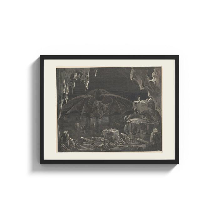 Framed Winged demon Lucifer in underworld cavern print shown as a wide statement piece on a clean white wall