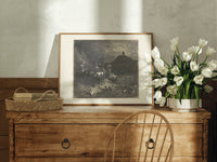 Centaurs shooting arrows at damned souls print in an oak frame on a farmhouse dresser beside white tulips