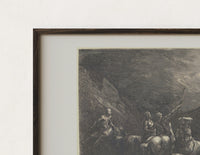 Close-up of the Centaurs shooting arrows at damned souls print's dark wood frame corner and archival matte paper