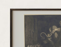 Close-up of the Crowned giant with serpent coiled print's dark wood frame corner and archival matte paper