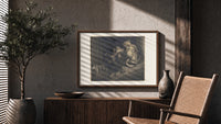 Crowned giant with serpent coiled print in a wood frame above a fluted sideboard beside an olive tree