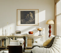Crowned giant with serpent coiled print in an oak frame above a mid-century book console with a vintage radio