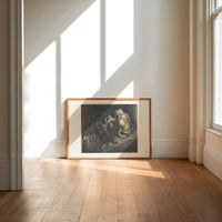 Crowned giant with serpent coiled print in an oak frame on a sunlit wood floor beneath tall window light