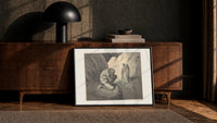 Crouching giant and two robed figures print in a black frame leaning against a walnut console in lamplight