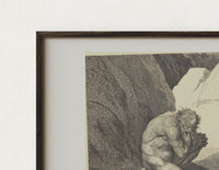 Close-up of the Crouching giant and two robed figures print's dark wood frame corner and archival matte paper