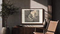 Crouching giant and two robed figures print in a wood frame above a fluted sideboard beside an olive tree
