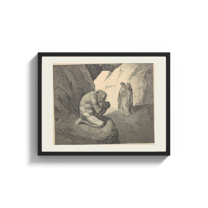 Framed Crouching giant and two robed figures print shown as a wide statement piece on a clean white wall