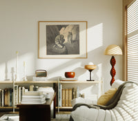 Crouching giant and two robed figures print in an oak frame above a mid-century book console with a vintage radio
