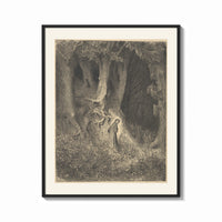 Framed Robed man in dark forest print shown as a bold statement piece on a clean gallery wall