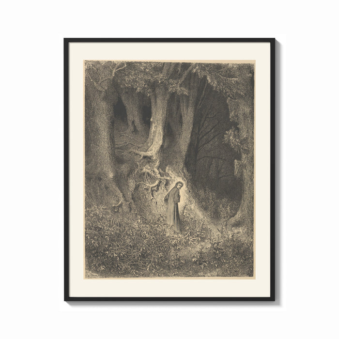 Framed Robed man in dark forest print shown as a bold statement piece on a clean gallery wall