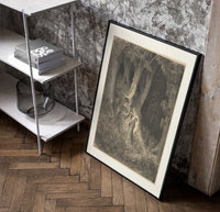 Robed man in dark forest poster in a black frame leaning beside a shelf in a raw-plaster loft