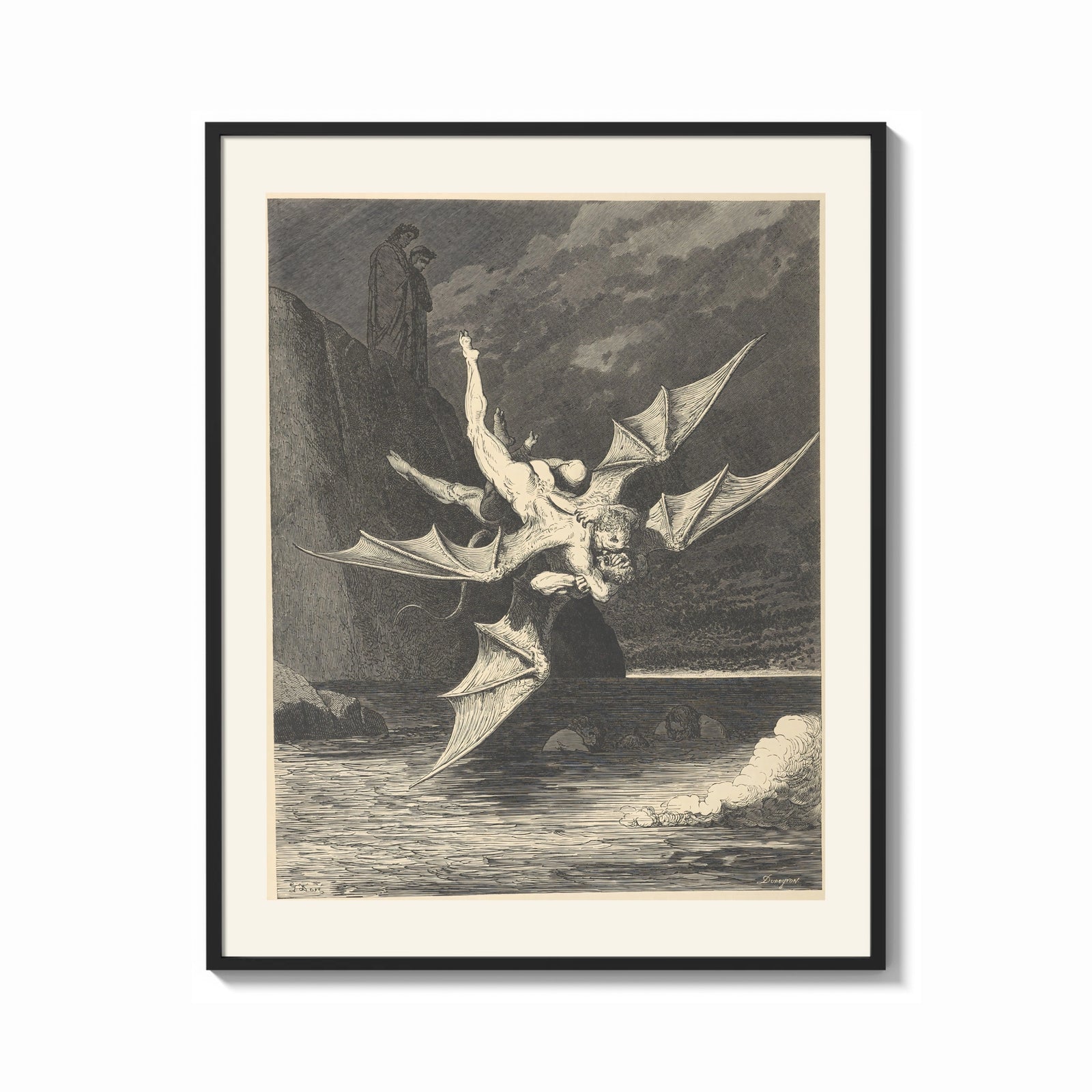 Framed winged demon carrying nude figure print shown as a bold statement piece on a clean gallery wall