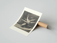 Rolled winged demon carrying nude figure poster beside its crush-resistant kraft shipping tube