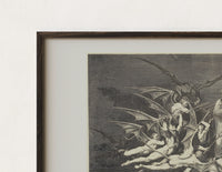 Close-up of the winged demons and two robed figures print's dark wood frame corner and archival matte paper
