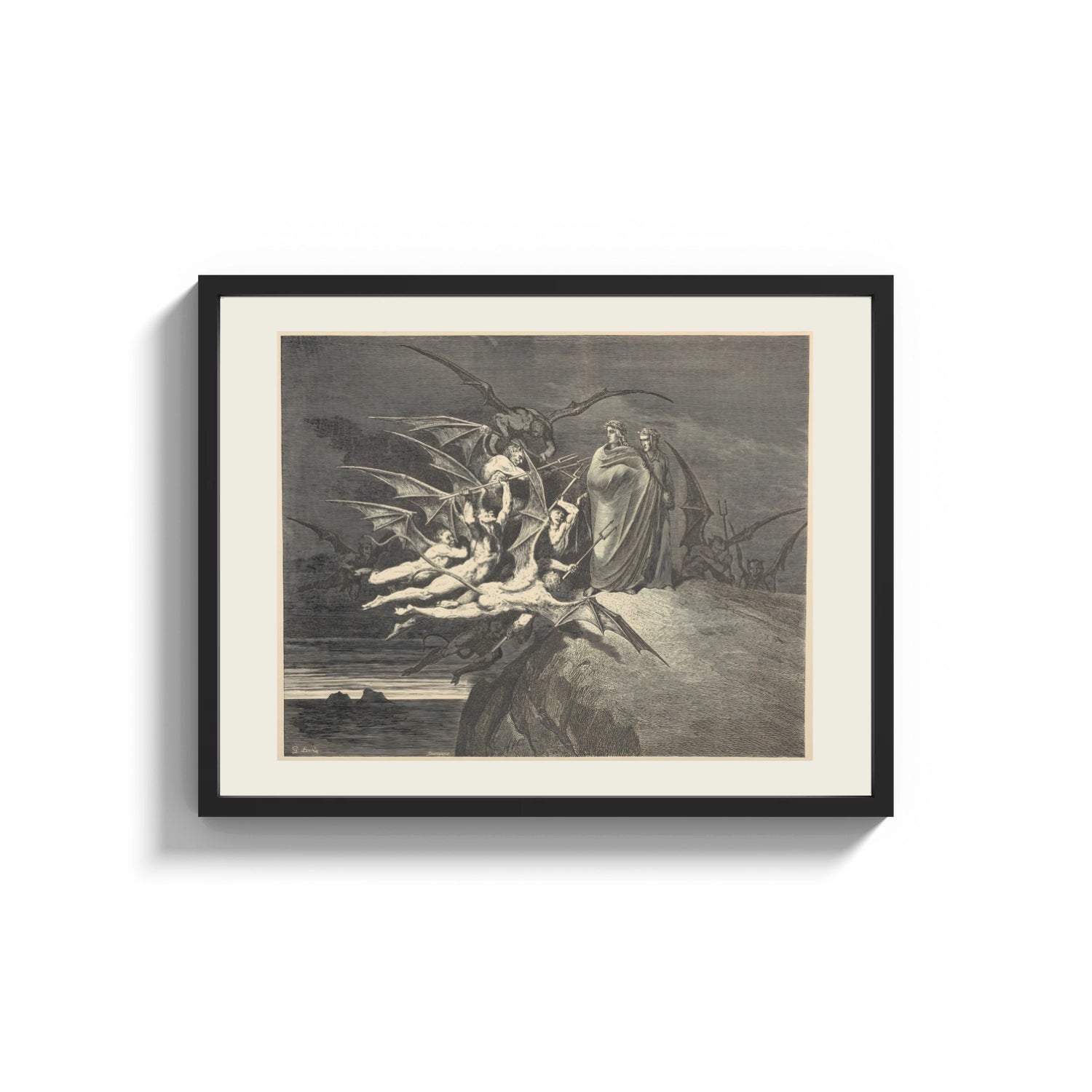 Framed winged demons and two robed figures print shown as a wide statement piece on a clean white wall