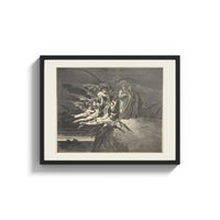 Framed winged demons and two robed figures print shown as a wide statement piece on a clean white wall