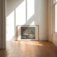 winged demons and two robed figures print in an oak frame on a sunlit wood floor beneath tall window light