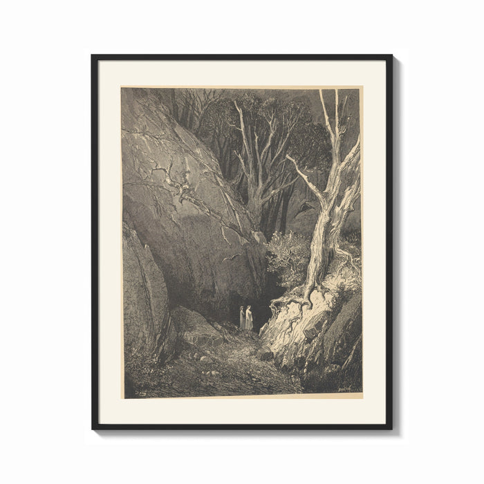Framed Two figures walking through dark forest print shown as a bold statement piece on a clean gallery wall