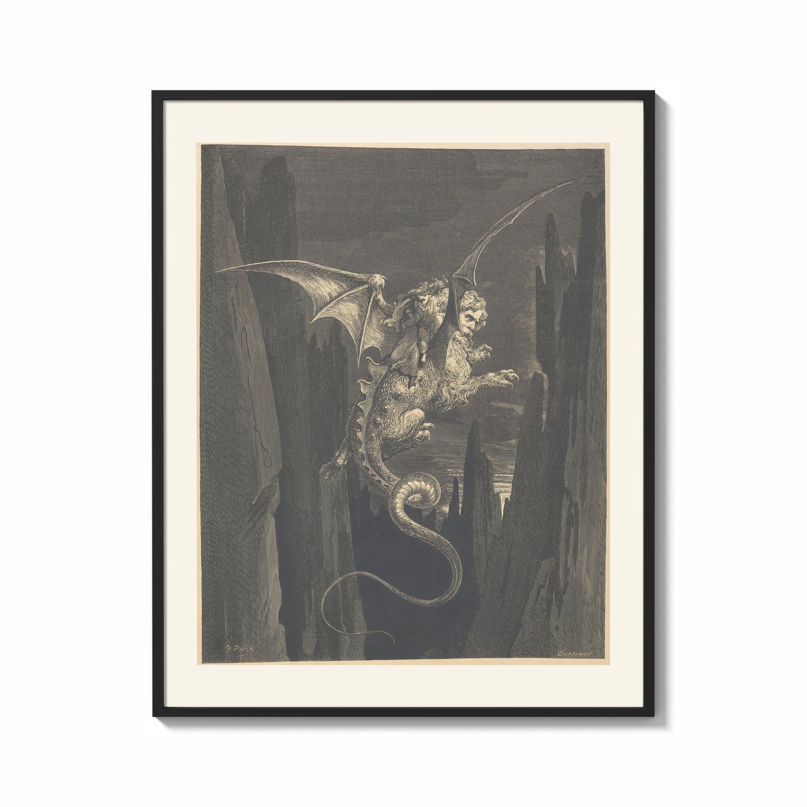Framed Winged monster carrying two figures print shown as a bold statement piece on a clean gallery wall