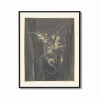 Framed Winged monster carrying two figures print shown as a bold statement piece on a clean gallery wall