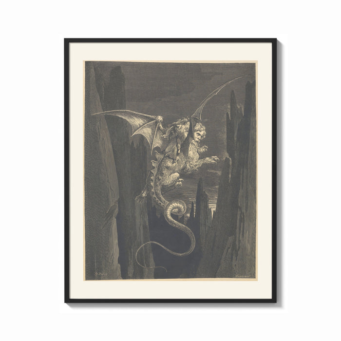 Framed Winged monster carrying two figures print shown as a bold statement piece on a clean gallery wall