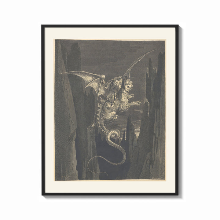 Framed Winged monster carrying two figures print shown as a bold statement piece on a clean gallery wall