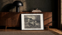 Boatman ferrying souls across river print in a black frame leaning against a walnut console in lamplight
