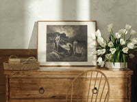 Boatman ferrying souls across river print in an oak frame on a farmhouse dresser beside white tulips