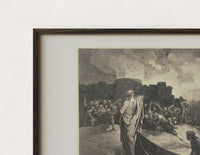Close-up of the Boatman ferrying souls across river print's dark wood frame corner and archival matte paper