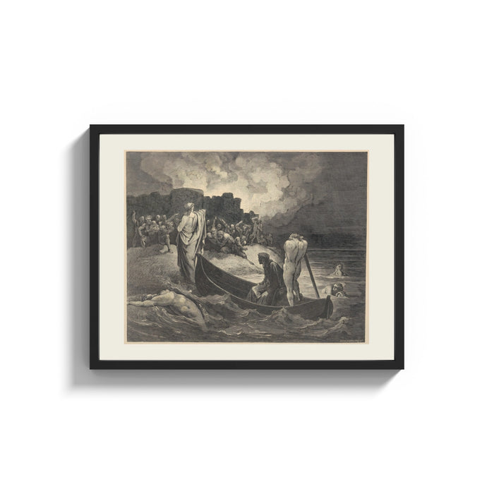 Framed Boatman ferrying souls across river print shown as a wide statement piece on a clean white wall