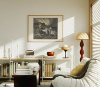 Boatman ferrying souls across river print in an oak frame above a mid-century book console with a vintage radio