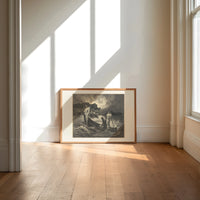 Boatman ferrying souls across river print in an oak frame on a sunlit wood floor beneath tall window light