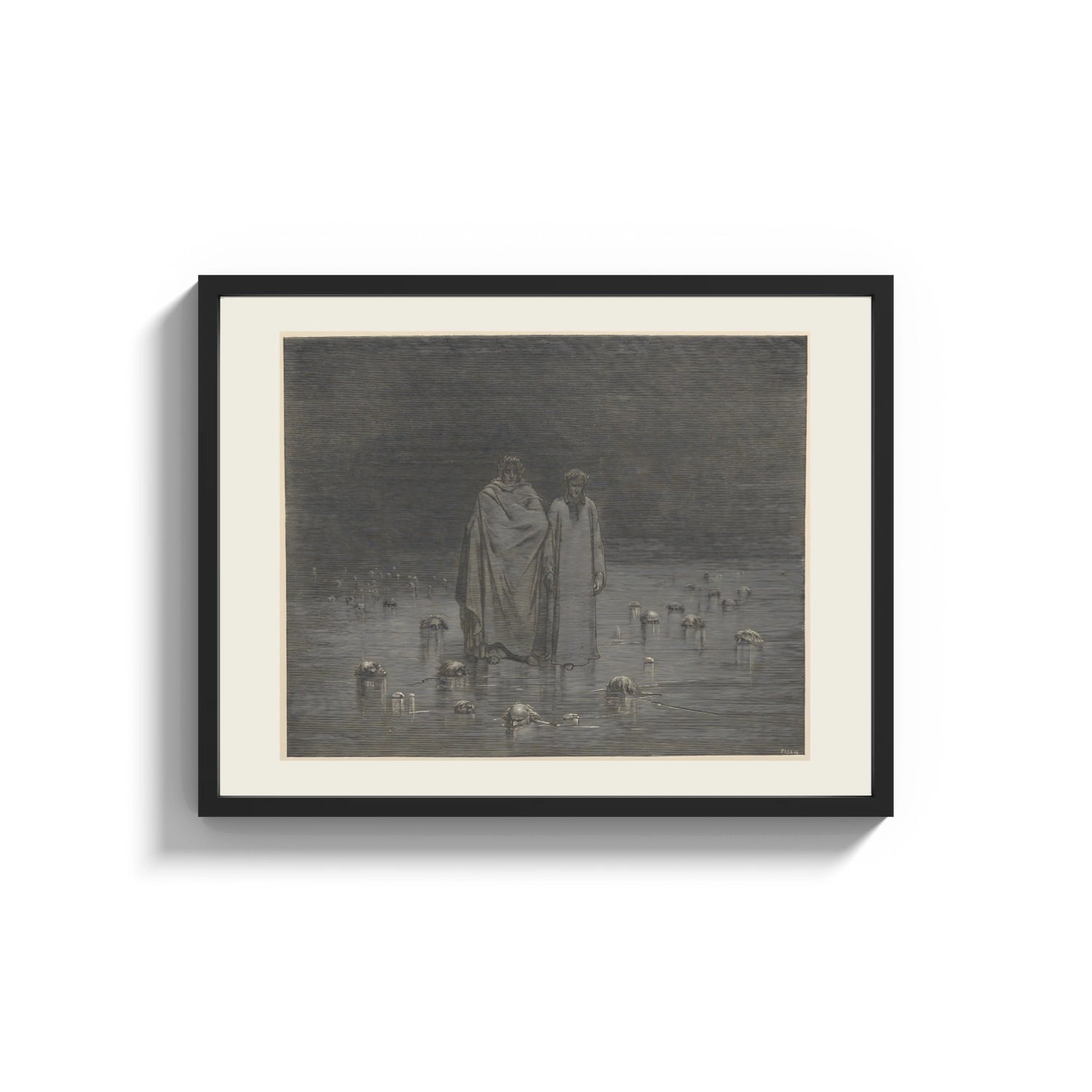 Framed Two robed figures among buried heads print shown as a wide statement piece on a clean white wall