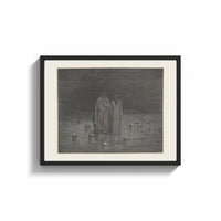 Framed Two robed figures among buried heads print shown as a wide statement piece on a clean white wall