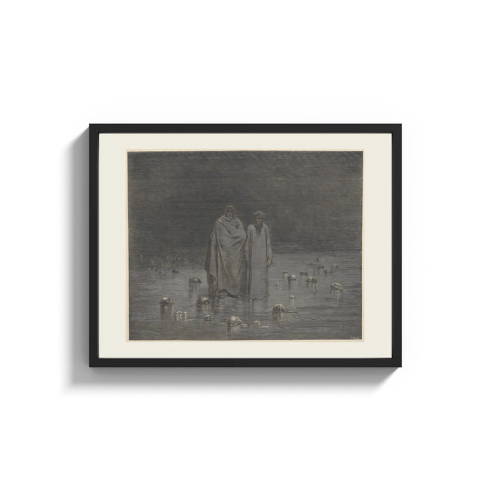 Framed Two robed figures among buried heads print shown as a wide statement piece on a clean white wall