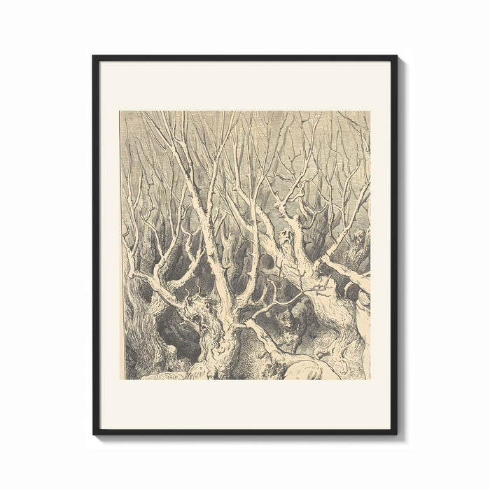 Framed Faces in gnarled bare trees print shown as a bold statement piece on a clean gallery wall