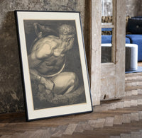 Chained muscular giant with crown print in a black frame leaning beside a vintage door on parquet