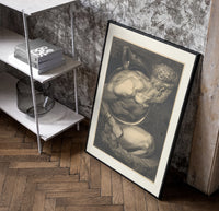 Chained muscular giant with crown poster in a black frame leaning beside a shelf in a raw-plaster loft